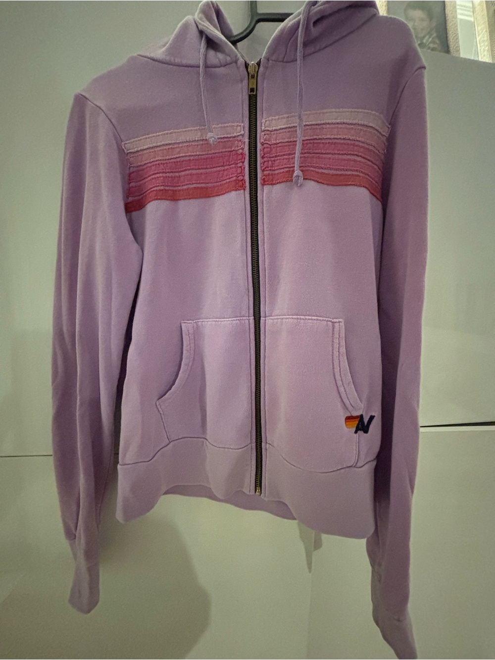 Aviator Nation Lilac Zip Hoodie with Pink Stripe Chest Detail